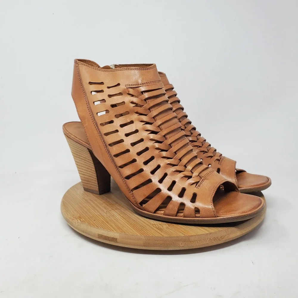 Paul Green Rosa Ankle Booties Womens 10.5 Brown Leather Woven Open Back Shoes‎